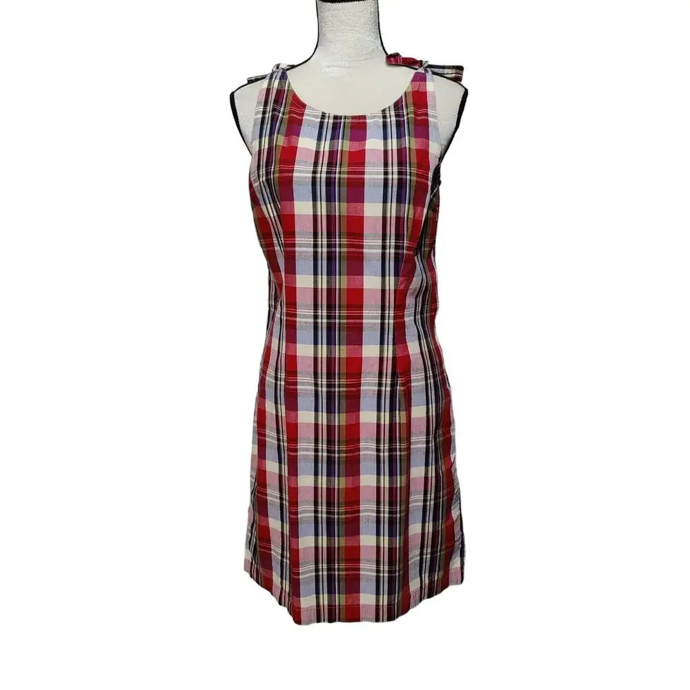 Vintage 90s Expression Sz 8 Red Plaid Shift Jumper Dress Sleeveless Tie Shoulder - Picture 1 of 7